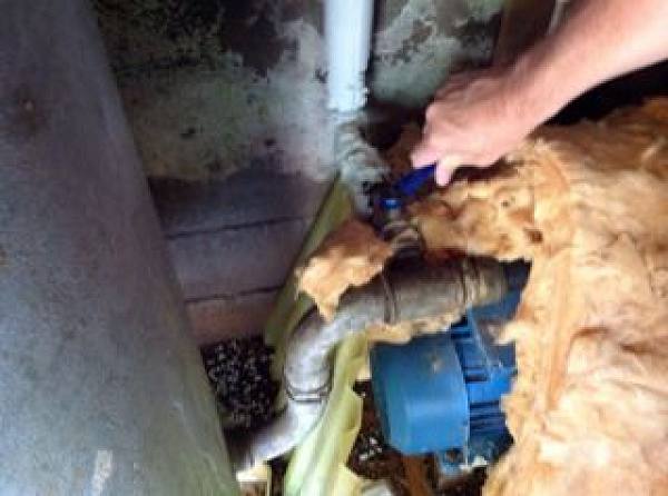 Dann das Wasser mit dem blauen Griff öffnen. Einen Wasserhahn/Mischbatterie öffnen und testen, ob die Pumpe und das Wasser funktionieren.